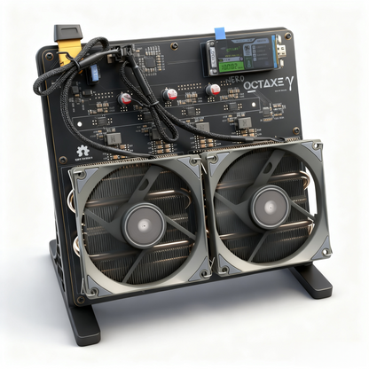 Nerd OCTAxe 9.6Th/s home Bitcoin miner side view showing ASIC chips and hashrate

