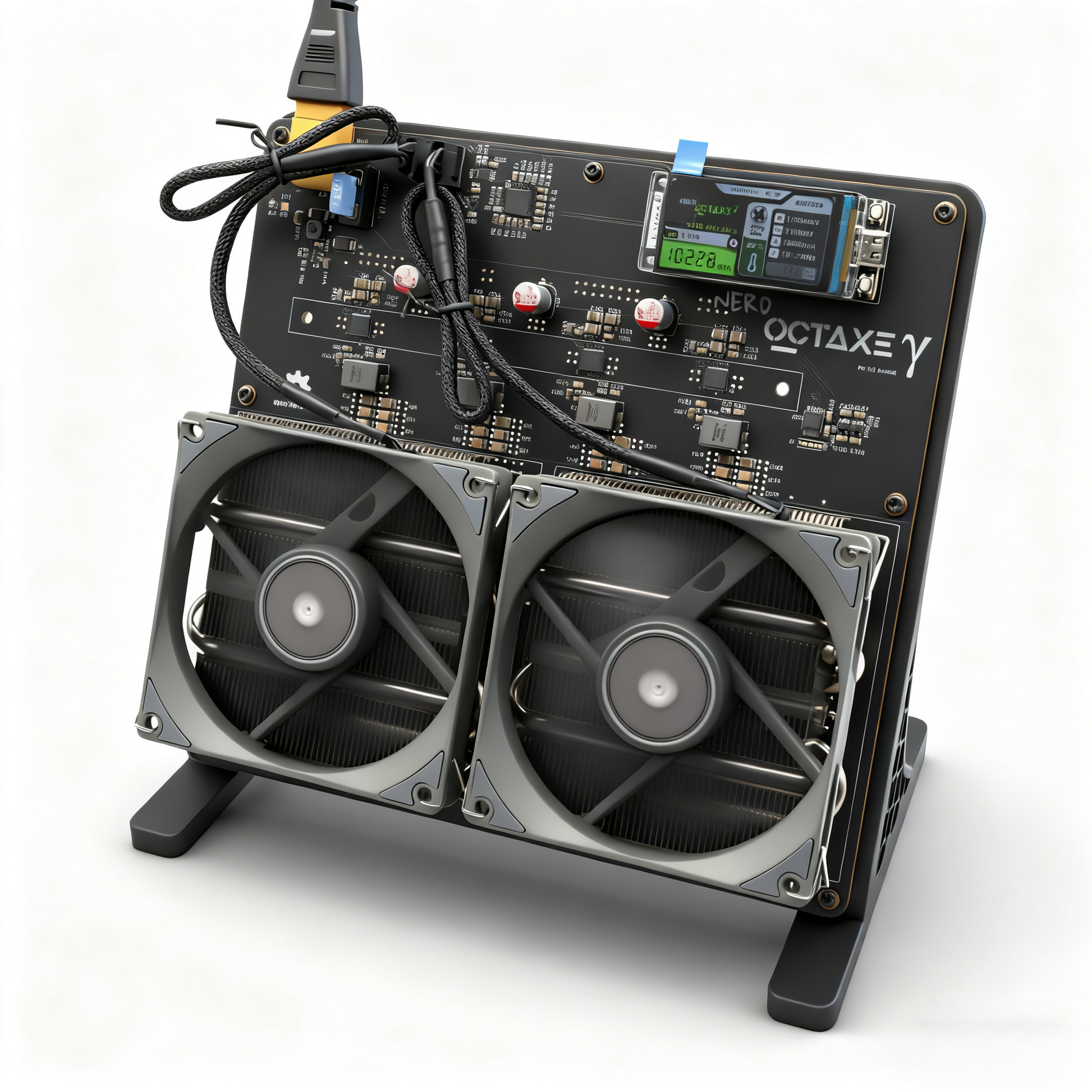 Nerd OCTAxe 9.6Th/s home Bitcoin miner side view with dual fans and OctaXe branding on white background
