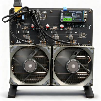 Nerd OCTAxe 9.6Th/s home Bitcoin miner front view showing cooling fans and ASIC circuitry on white background
