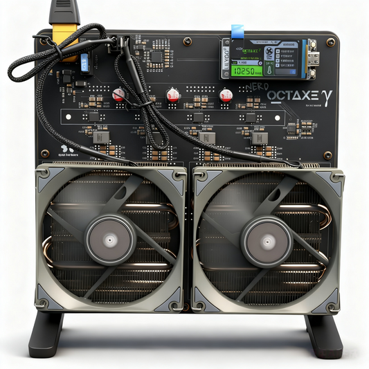 Nerd OCTAxe 9.6Th/s home Bitcoin miner front view showing cooling fans and ASIC circuitry on white background
