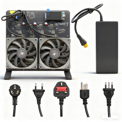 Nerd OCTAxe 9.6Th/s home Bitcoin miner with power supply, cooling fans, and EU, US, Brazil, Australia plugs on white background
