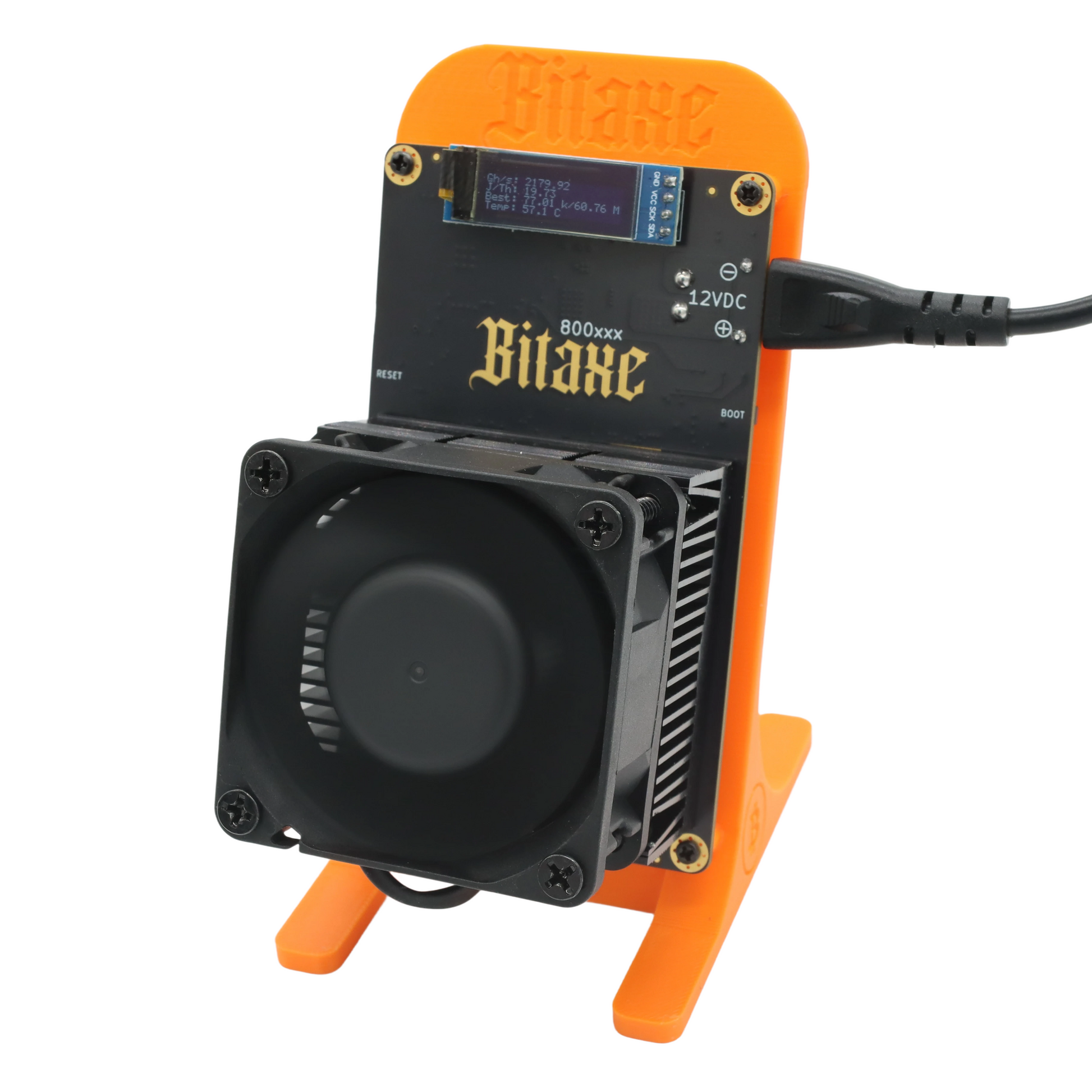 Bitaxe GT 800 orange home miner, angled view showing cooling fan and side panel
