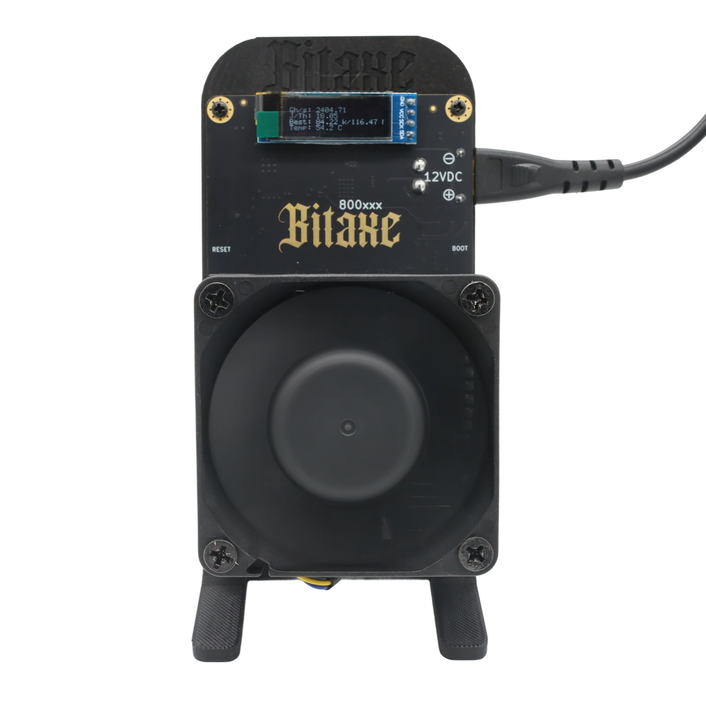 Bitaxe GT 800 black home Bitcoin miner, compact, low-power, front view