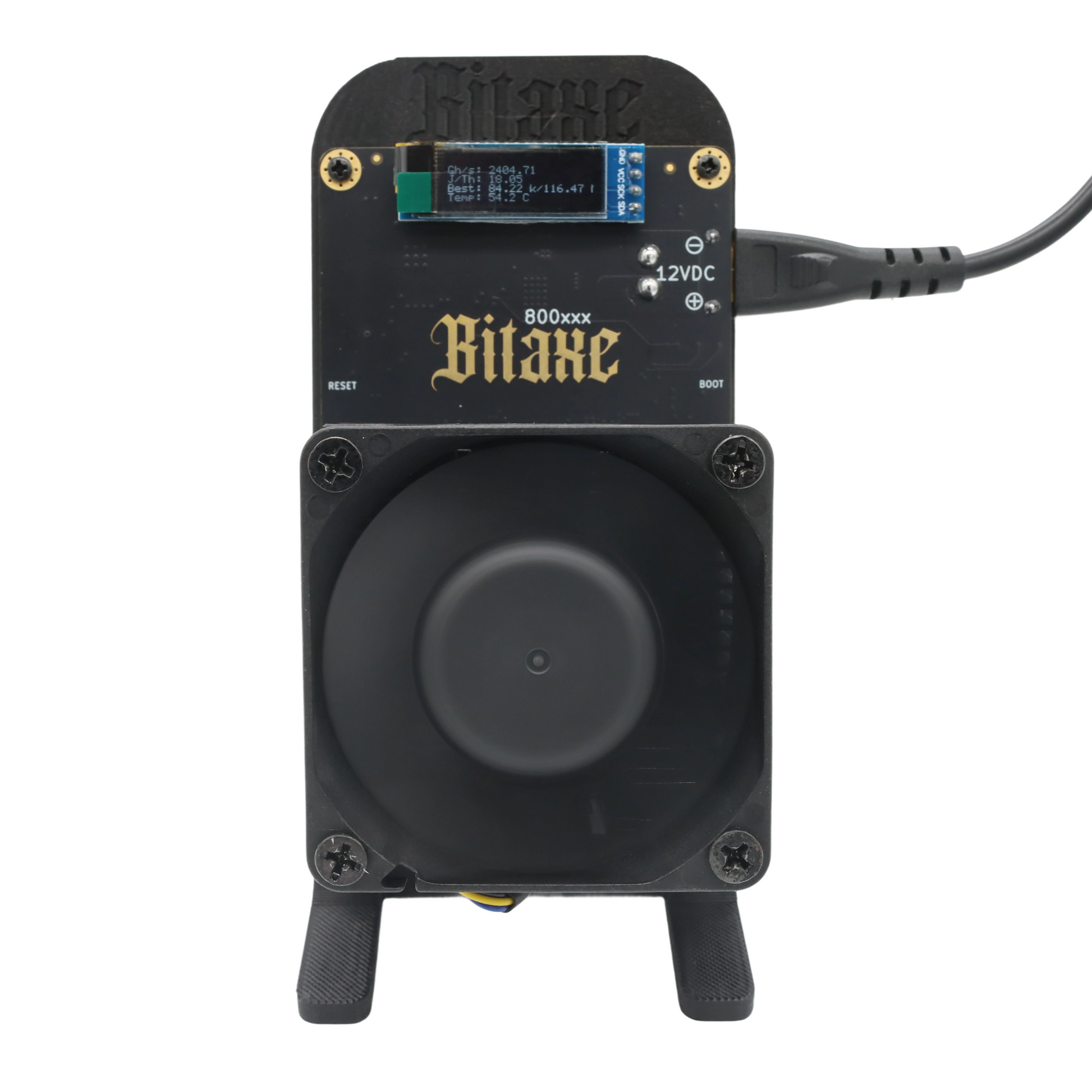 Bitaxe GT 800 black home Bitcoin miner, compact, low-power, front view