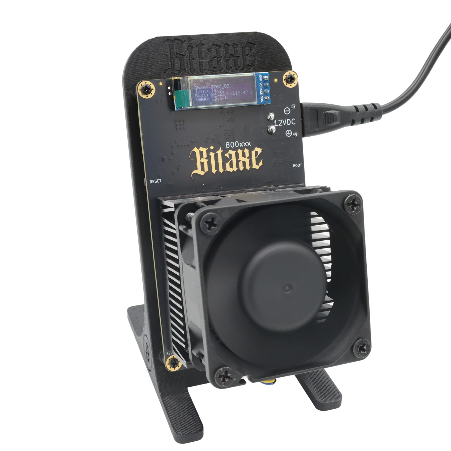 Bitaxe GT 800 black home miner, angled view with display and cooling fan
