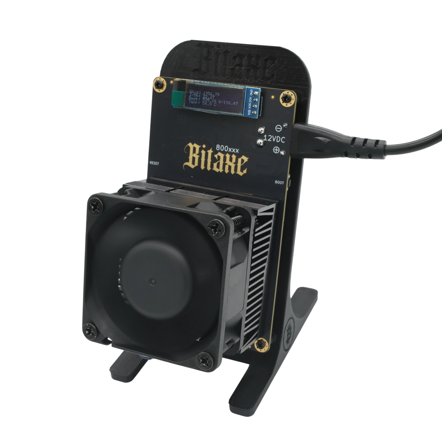 Bitaxe GT 800 black home miner, side view with power cable connected